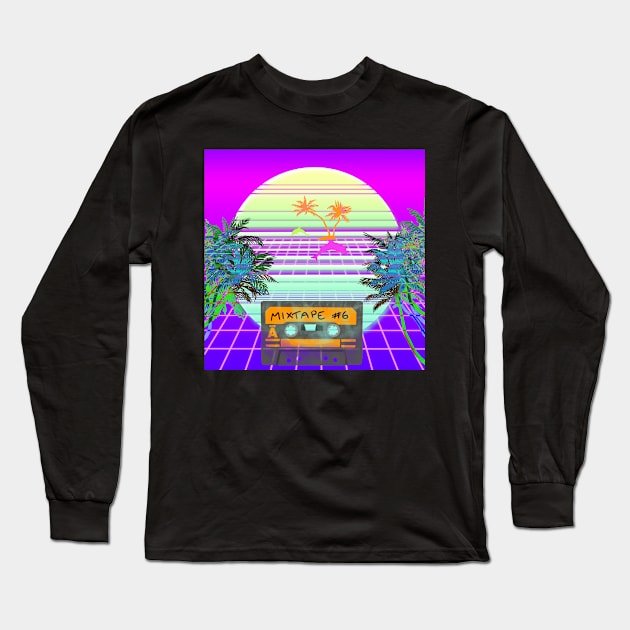 Synthwave Retrowave Beach Scene Long Sleeve T-Shirt by BeakyBoo